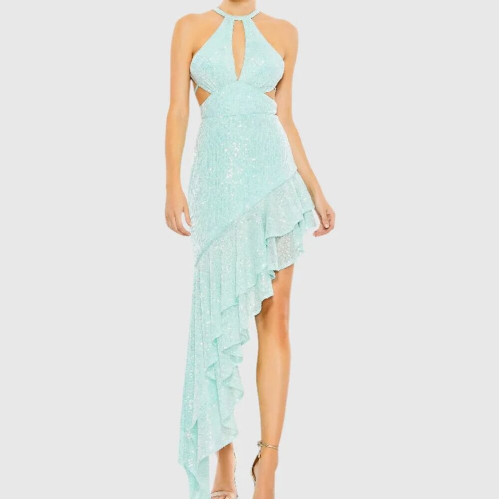Mac Duggal A11274 Aqua Sequined Halter Cut Out Ruffle Asymmetrical Dress